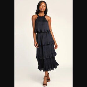 NWT Lulus Tier and Far Navy Blue Tiered Pleated Halter Midi Dress Retail $88.00
